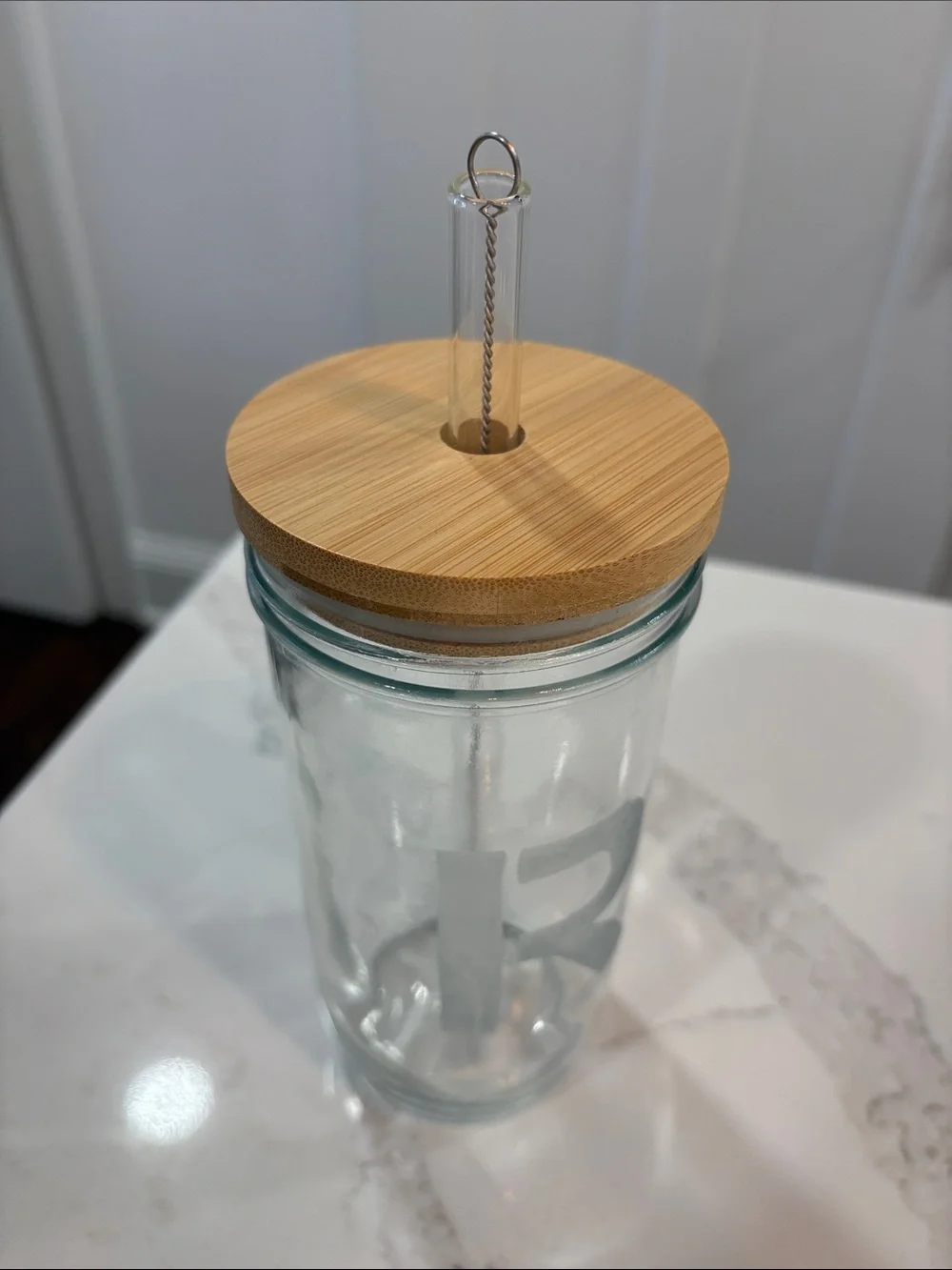 Monogram R Glass Drinking Jar with Bamboo Lid and Straw - Clear